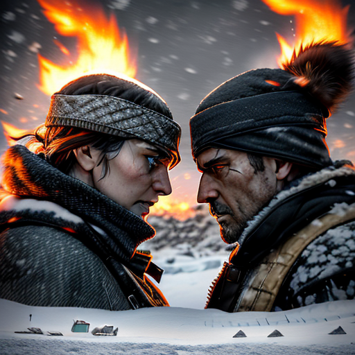 An intense face-off between Snow and Coin in a grim, war-torn landscape, their words slicing through the still air, their faces hardened with determination, old flames and bitter grudges reflected in their fierce eyes.